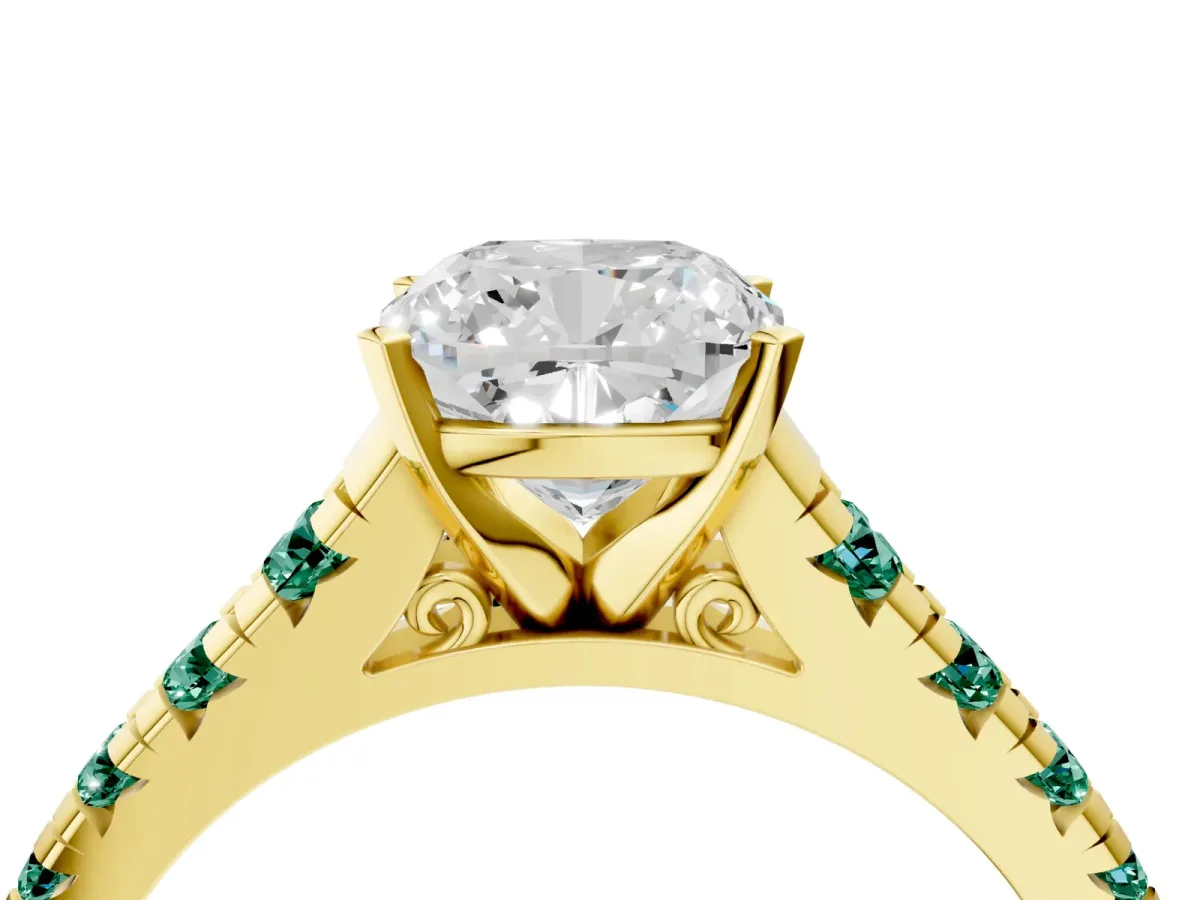 Cushion Cut Diamond Cathedral Solitaire Ring with Round Green Sapphire Pavé Band Yellow gold