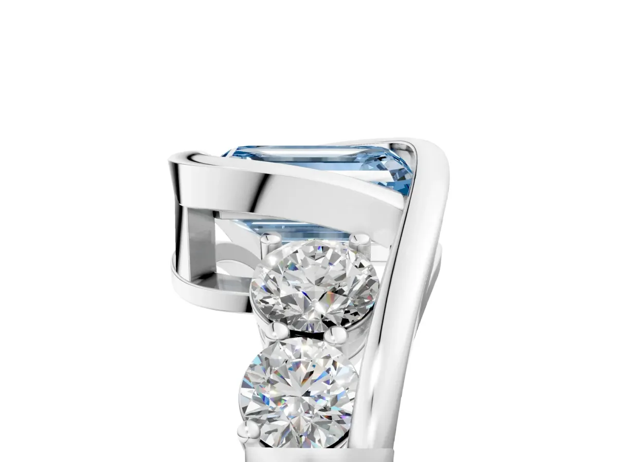 Fancy Blue Bezel Set Emerald Cut Diamond Bypass Ring with Round Accents Silver