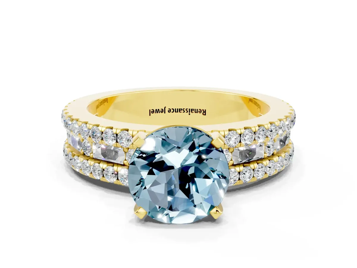 Round Cut Aquamarine Solitaire Ring with Pavé and Channel Set Band Yellow gold