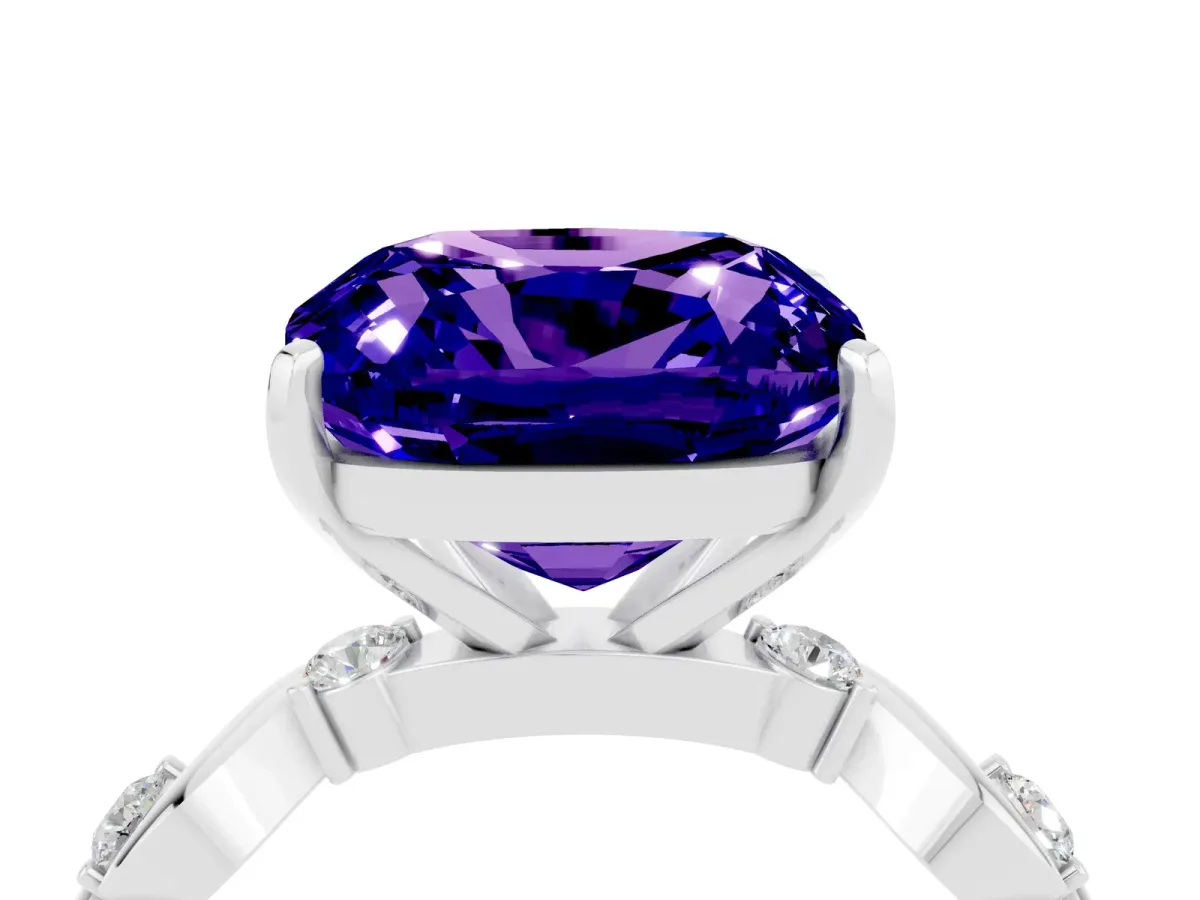 Cushion Cut Tanzanite Solitaire Twisted Band with Round Accents and Prong Setting White gold