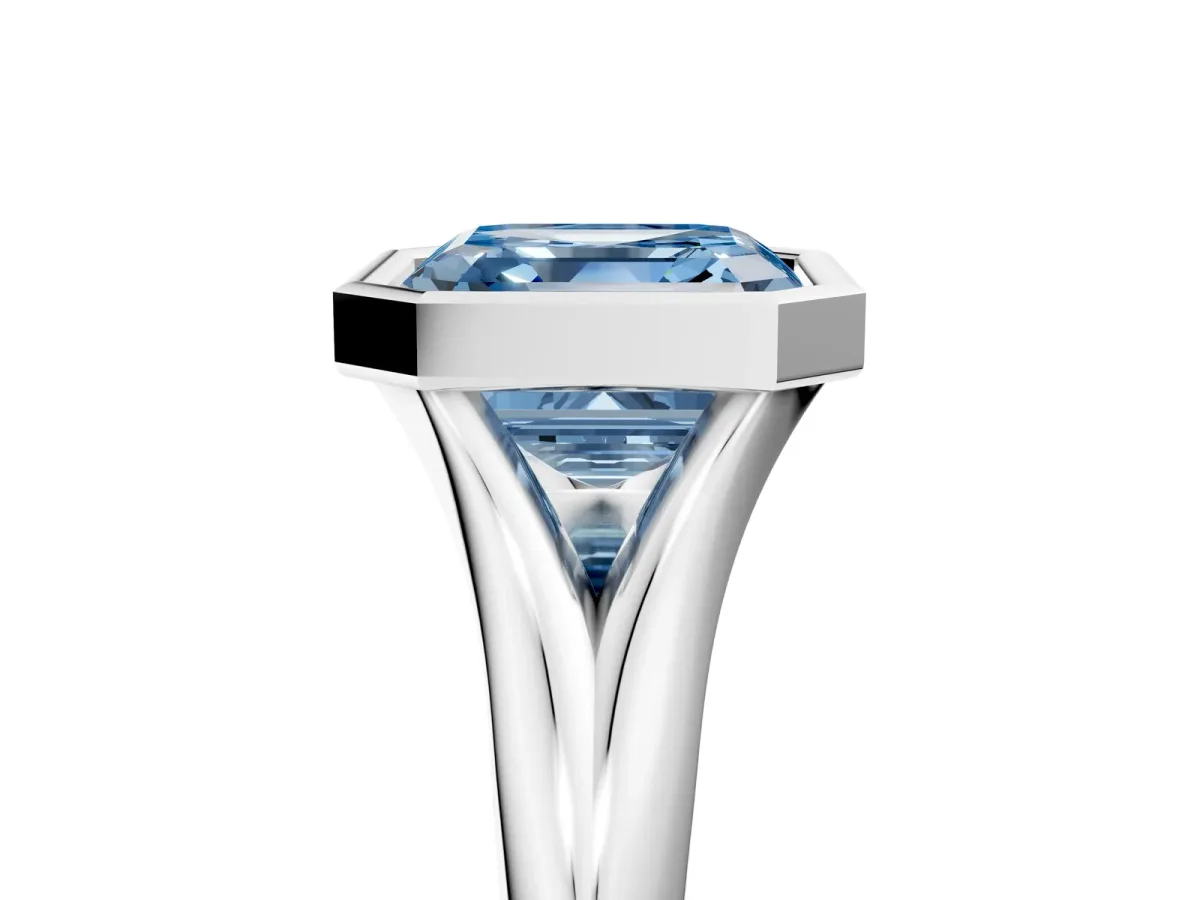 Fancy Blue Bezel Set Asscher Cut Solitaire Diamond Ring with Smooth Band Platinum