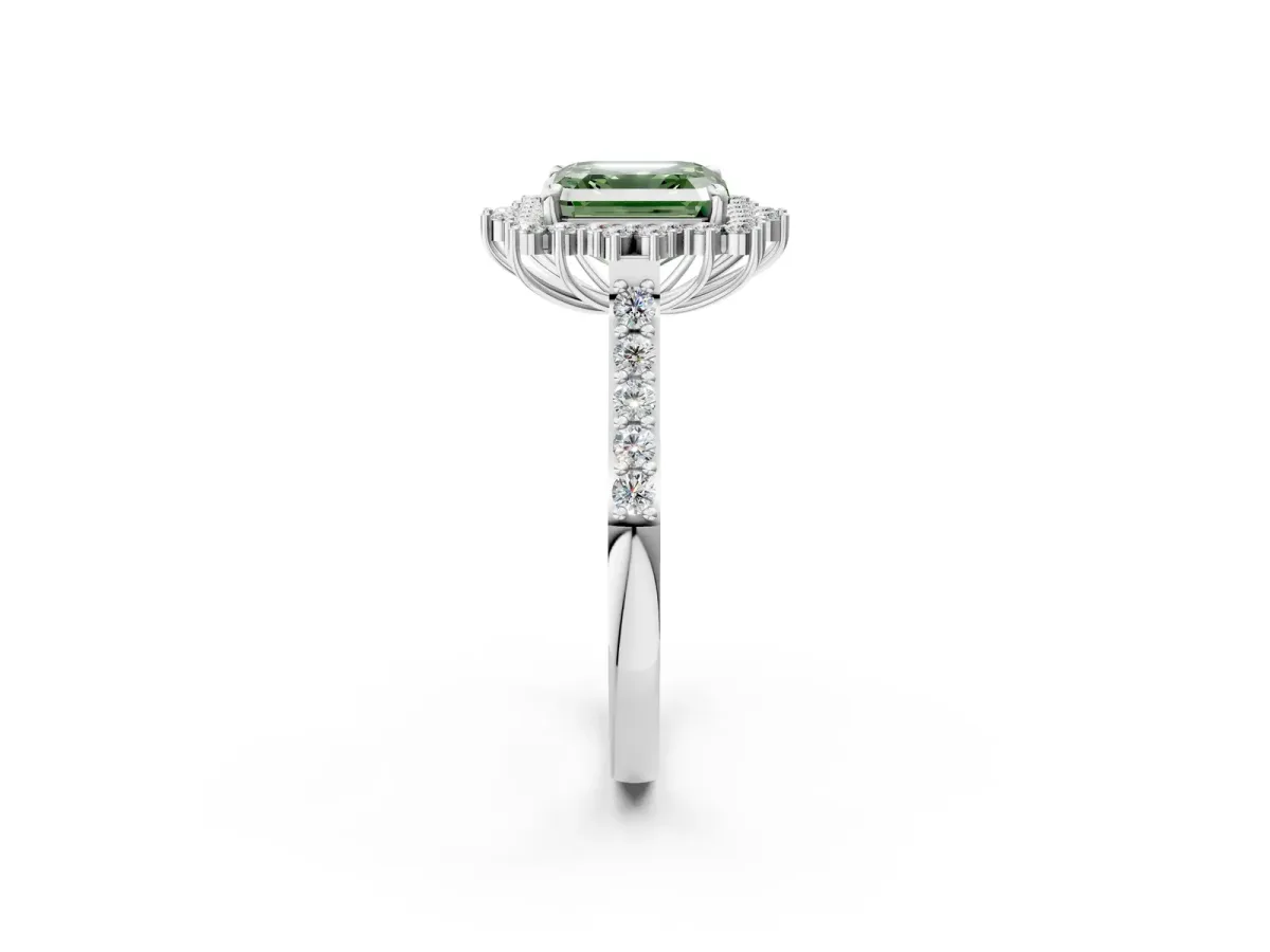 Fancy Green Asscher Cut Cut Diamond Sunburst Halo Engagement Ring with Pavé Band Platinum