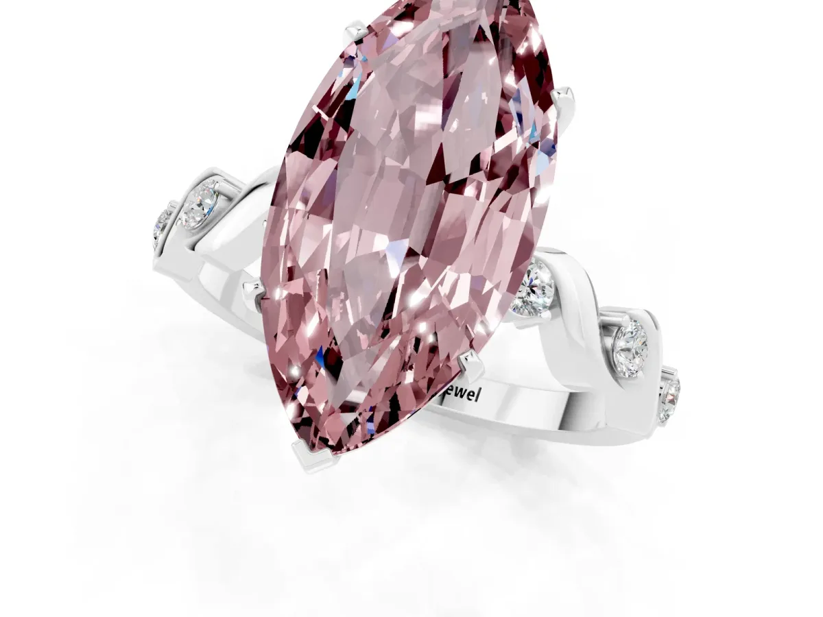 Marquise Cut Morganite Solitaire Twisted Band with Round Accents and Prong Setting White gold