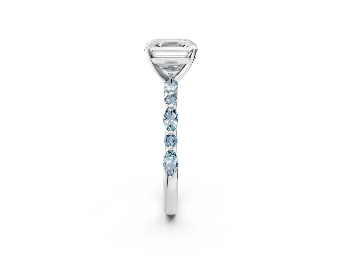 Asscher Cut Diamond Ring with Marquise and Round Aquamarine Side Stones and Four-Prong Setting Platinum