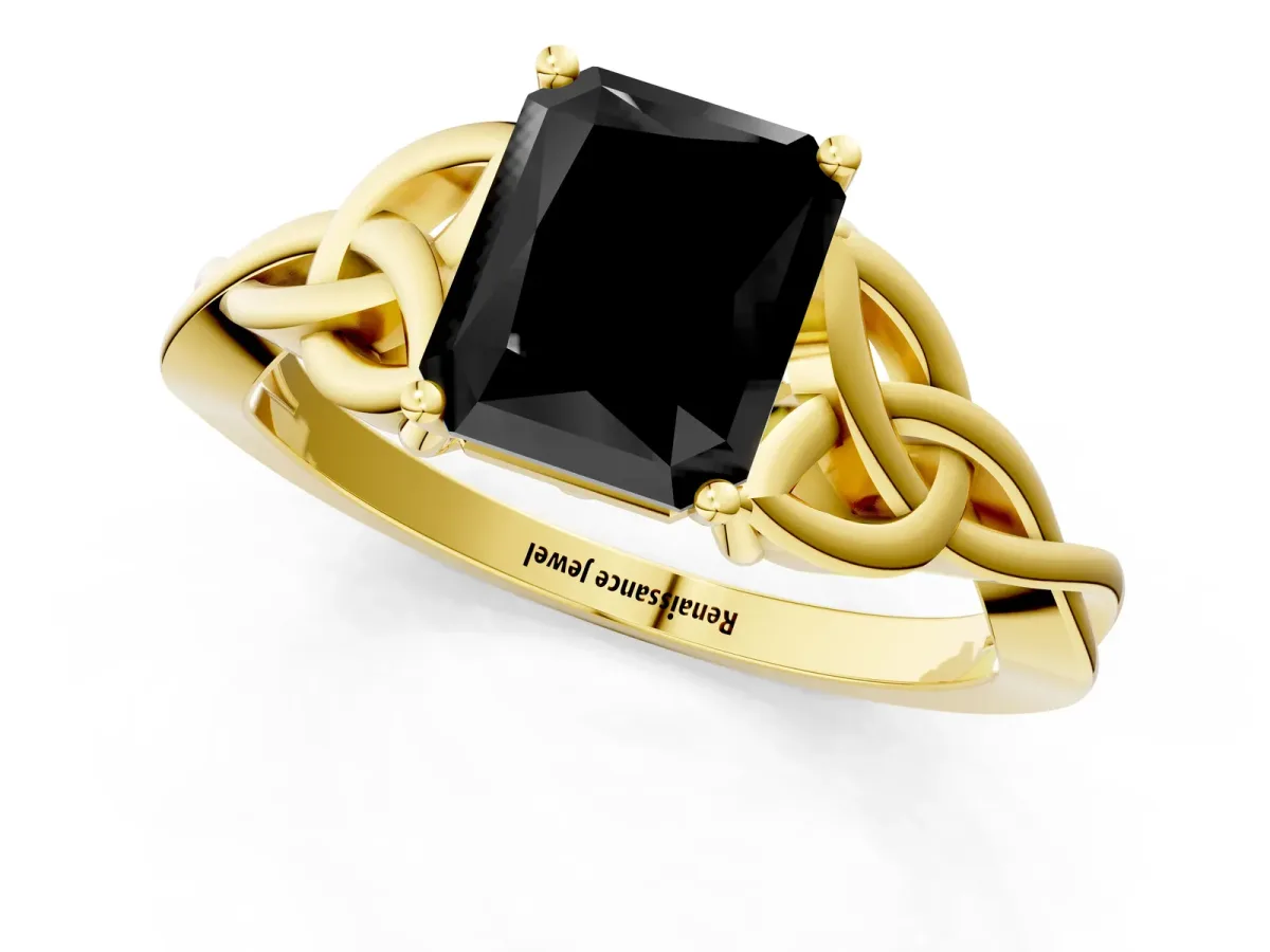 Fancy Black Radiant Cut Diamond Solitaire Engagement Ring with Celtic Knot Band and Four-Prong Setting Yellow gold