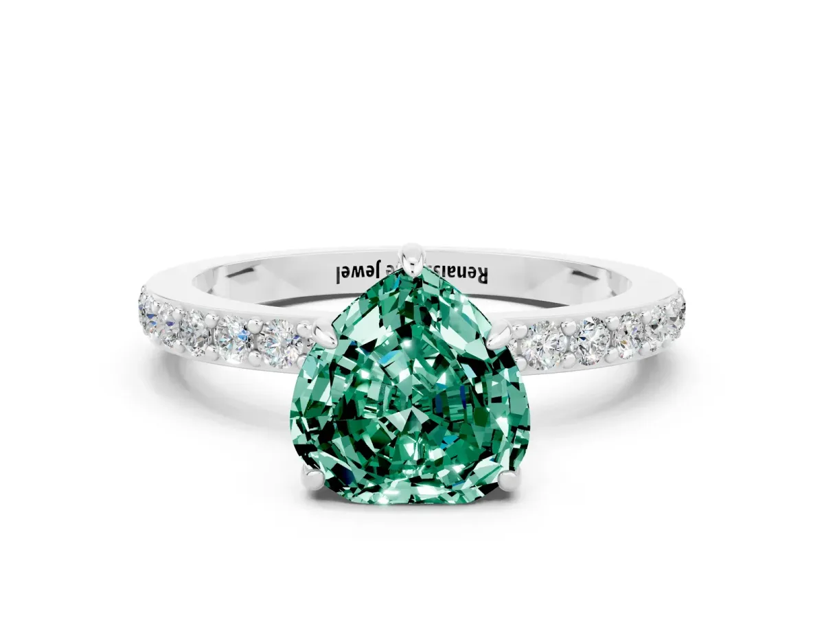 Heart Cut Green Sapphire Solitaire Engagement Ring with Pavé Band and Four-Prong Setting White gold
