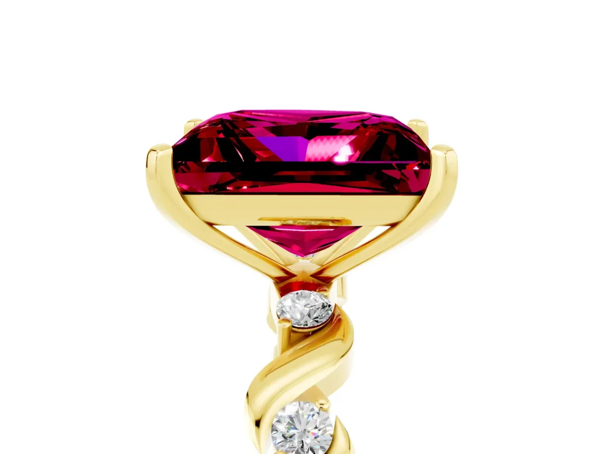 Princess Cut Garnet Solitaire Twisted Band with Round Accents and Prong Setting Yellow gold