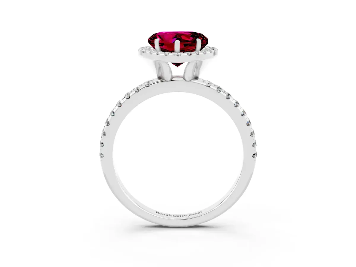 Heart Cut Garnet Halo Engagement Ring with Round Pavé Band and Prong Setting Platinum