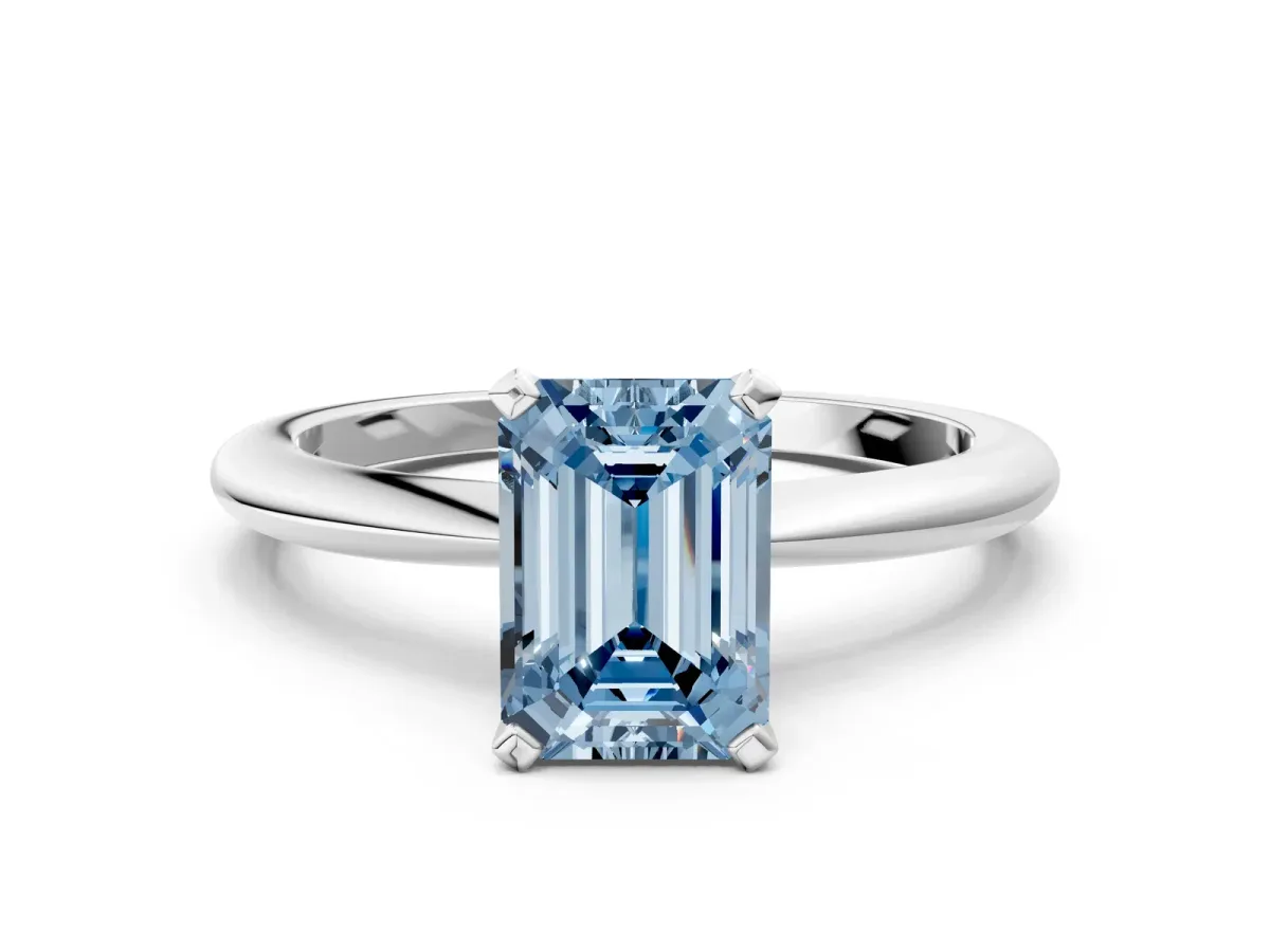 Fancy Blue Emerald Cut Diamond Solitaire Ring with Six-Prong Setting and Classic Band Platinum