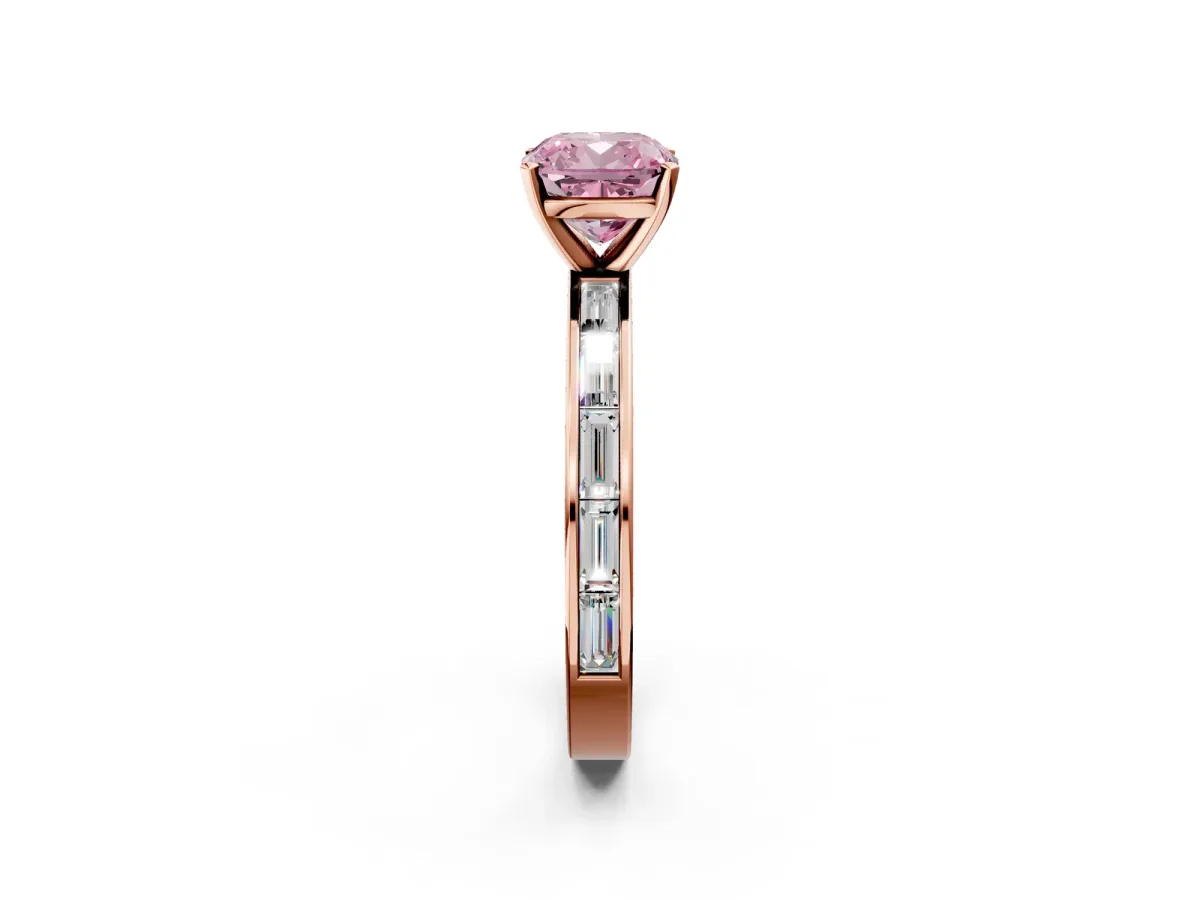 Fancy Pink Cushion Cut Solitaire Diamond Ring with Channel-Set Baguette Band and Four-Prong Setting Rose gold