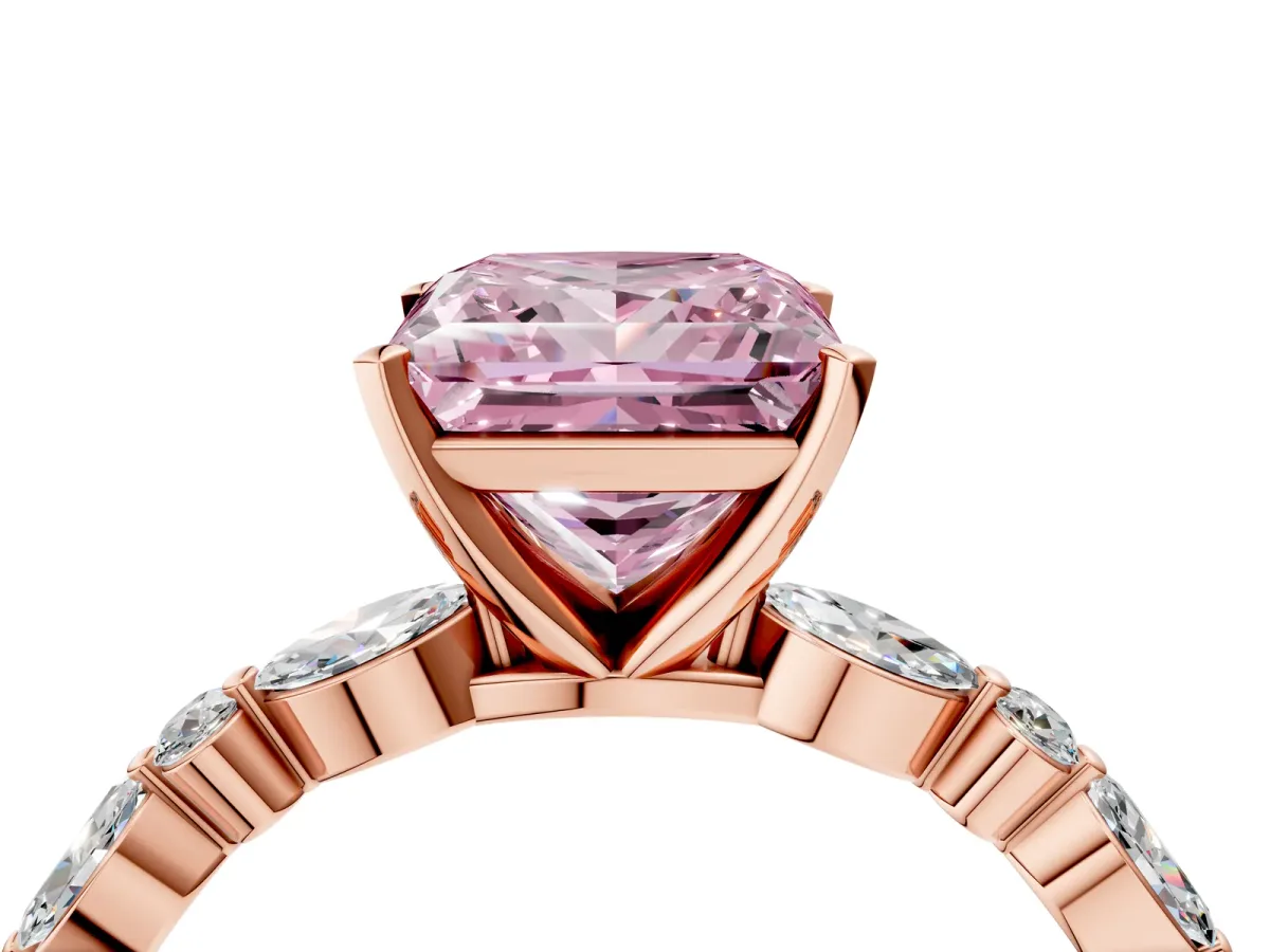 Fancy Pink Princess Cut Diamond Ring with Marquise and Round Side Stones and Four-Prong Setting Rose gold