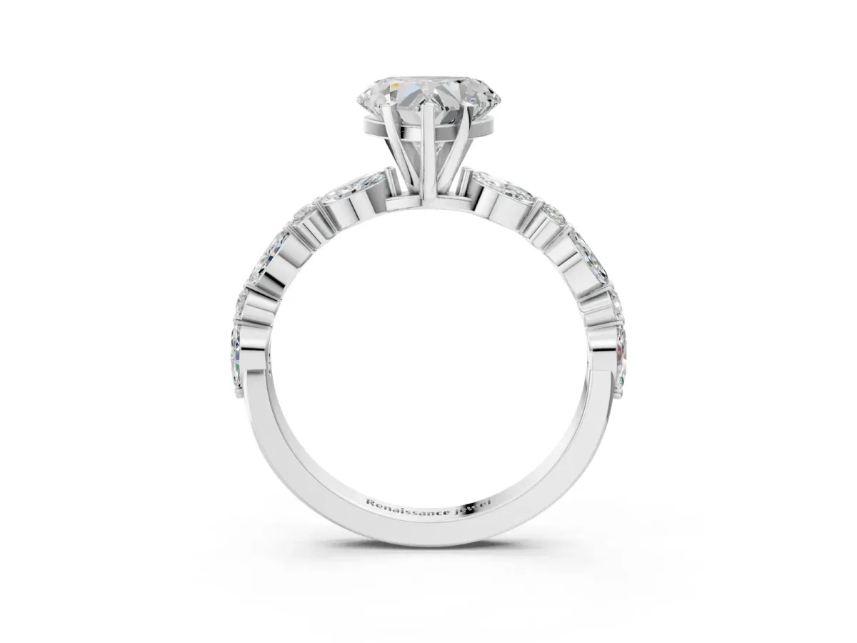 Heart Cut Diamond Ring with Marquise and Round Side Stones and Four-Prong Setting White gold