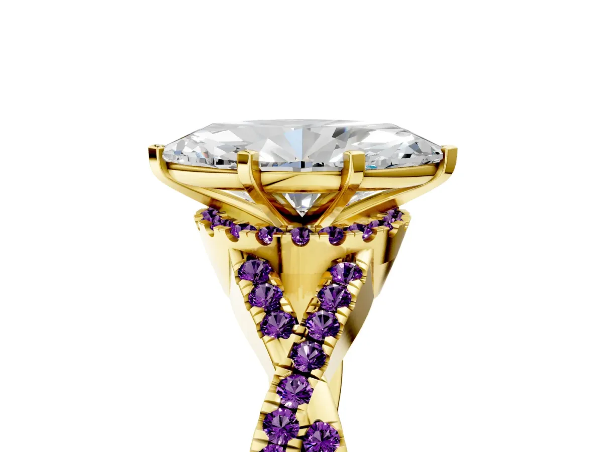 Marquise Cut Diamond Amethyst Halo Twist Band Solitaire Prong Setting Ring Yellow gold
