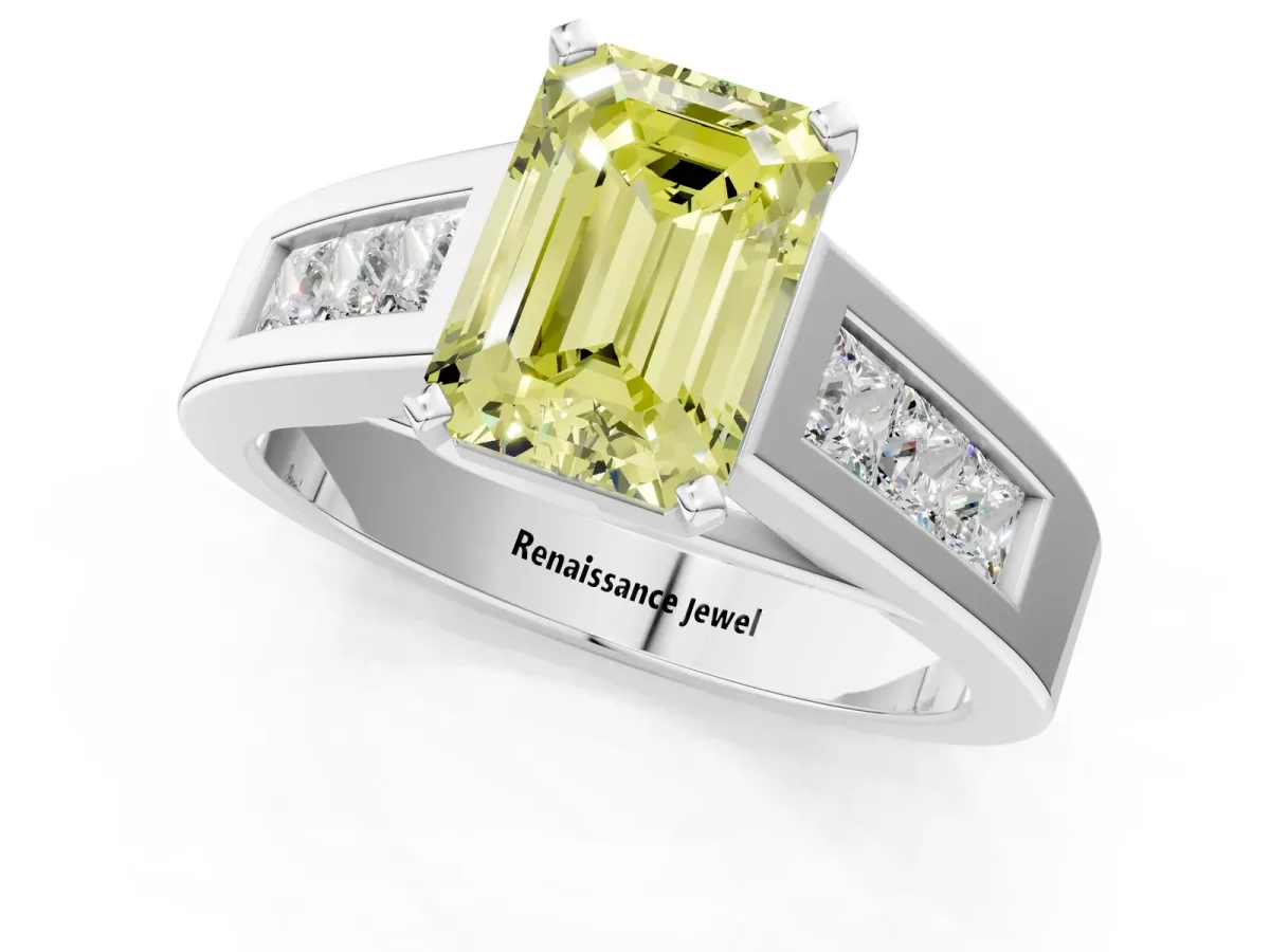 Fancy Yellow Emerald Cut Cut Channel Set Solitaire Ring with Four-Prong Setting White gold