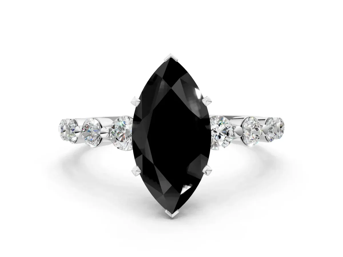 Fancy Black Marquise Cut Solitaire Diamond Ring with Pave Band and Four-Prong Setting Silver