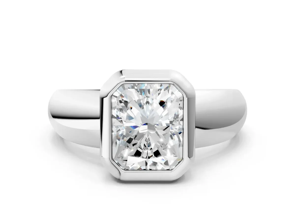 Bezel Set Radiant Cut Solitaire Ring with Wide Band Platinum