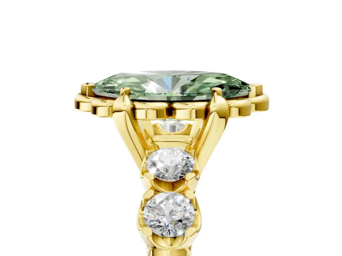 Fancy Green Marquise Cut Cut Diamond Floral Halo Engagement Ring with Shared Prong Setting Yellow gold