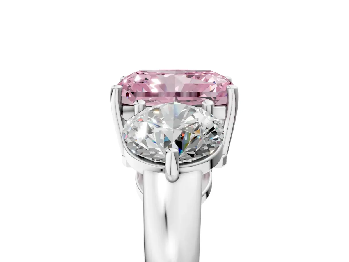 Fancy Pink Radiant Cut Diamond Three-Stone Ring with Prong Setting and Classic Band Platinum