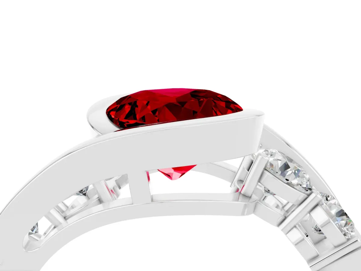 Bezel Set Round Cut Ruby Bypass Ring with Round Accents Silver