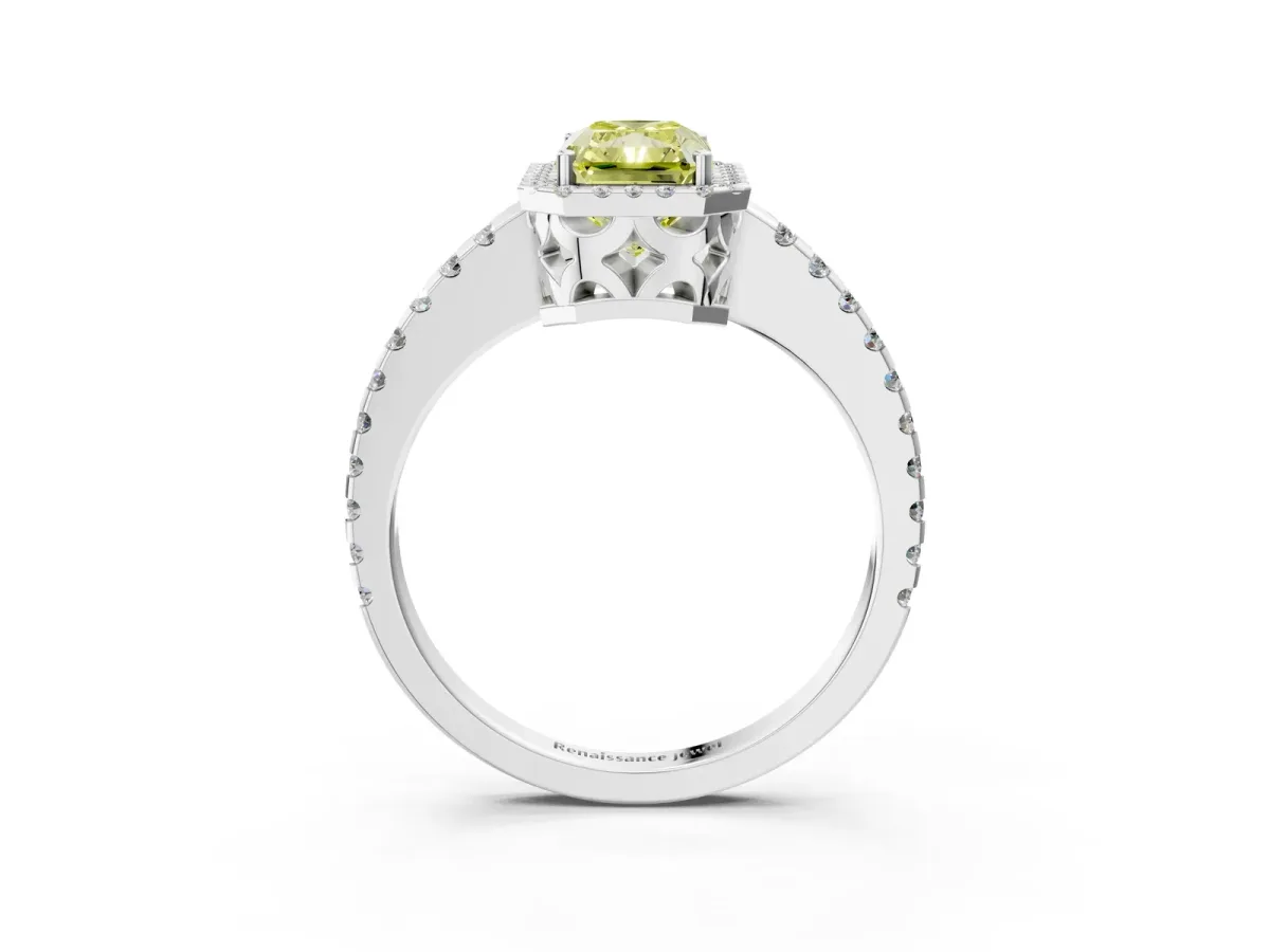Fancy Yellow Radiant Cut Diamond Halo Engagement Ring with Pavé Band and Prong Setting Platinum