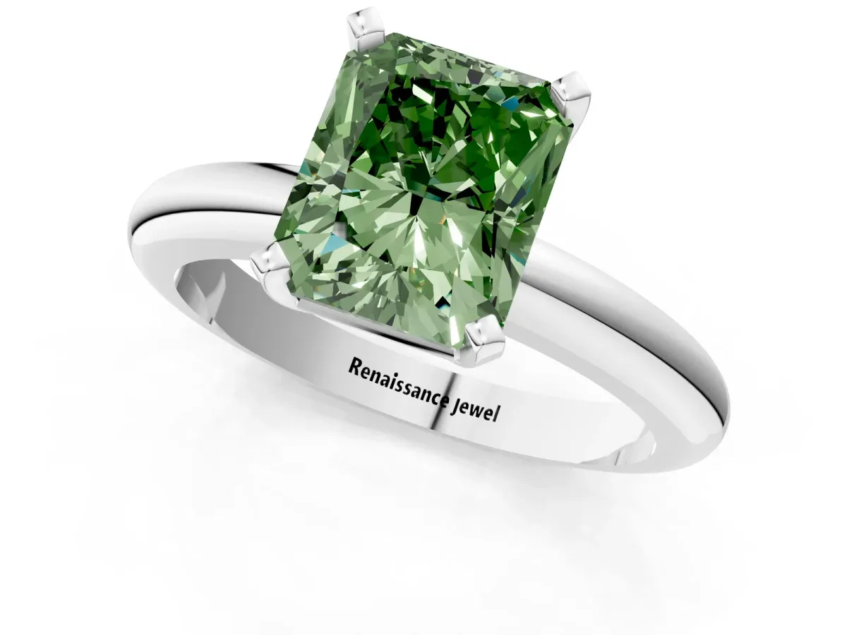 Fancy Green Radiant Cut Diamond Solitaire Engagement Ring with Round Band and Four-Prong Setting White gold