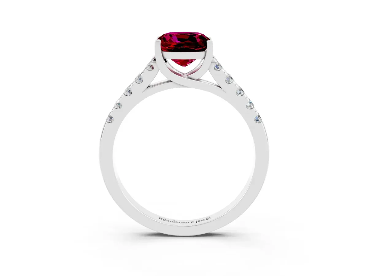 Cushion Cut Garnet Pavé Band Solitaire Ring with Prong Setting Platinum