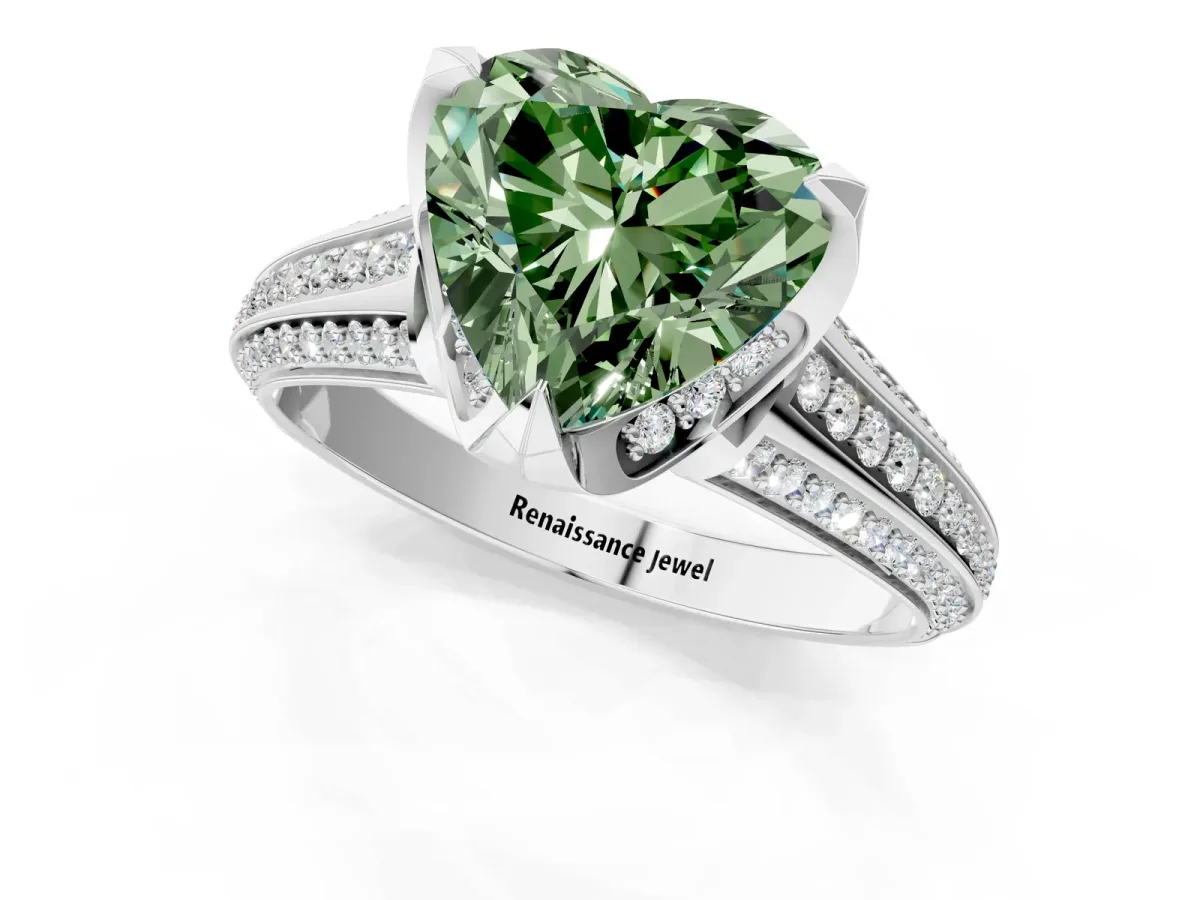 Fancy Green Heart Cut Solitaire Pave Split Shank Ring with Four-Prong Setting Platinum