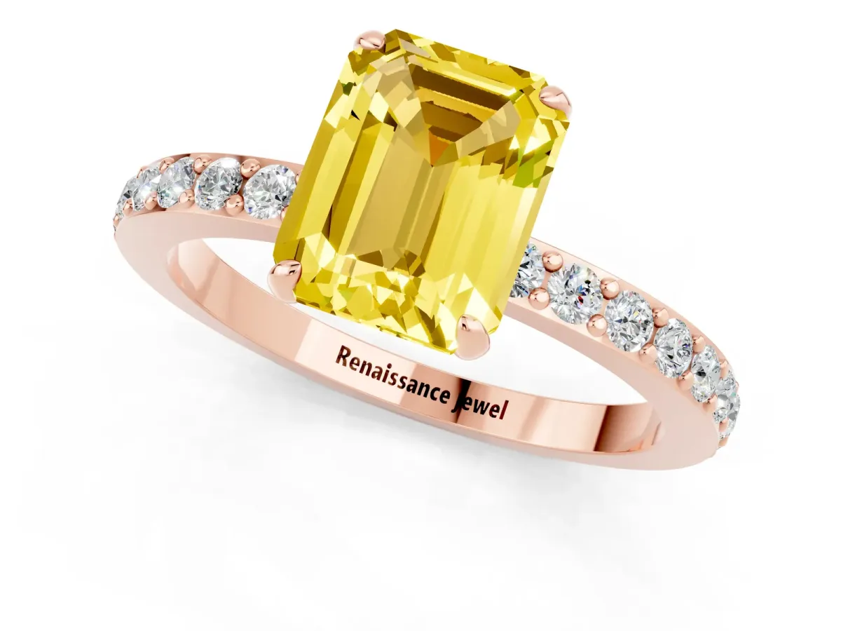 Emerald Cut Yellow Sapphire Solitaire Engagement Ring with Pavé Band and Four-Prong Setting Rose gold