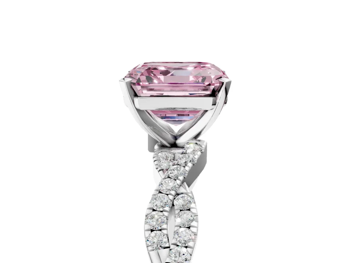 Fancy Pink Asscher Cut Solitaire Twisted Pave Band with Four-Prong Setting Platinum