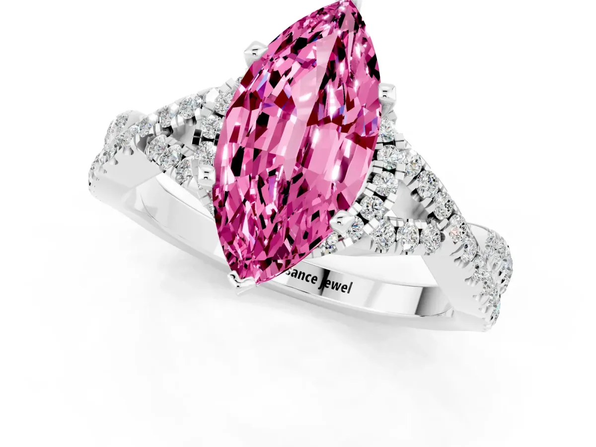 Marquise Cut Pink Sapphire Halo Twist Band Solitaire Prong Setting Ring White gold