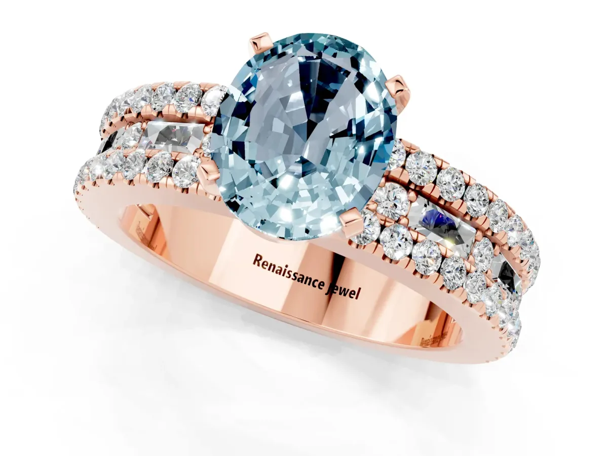 Oval Cut Aquamarine Solitaire Ring with Pavé and Channel Set Band Rose gold