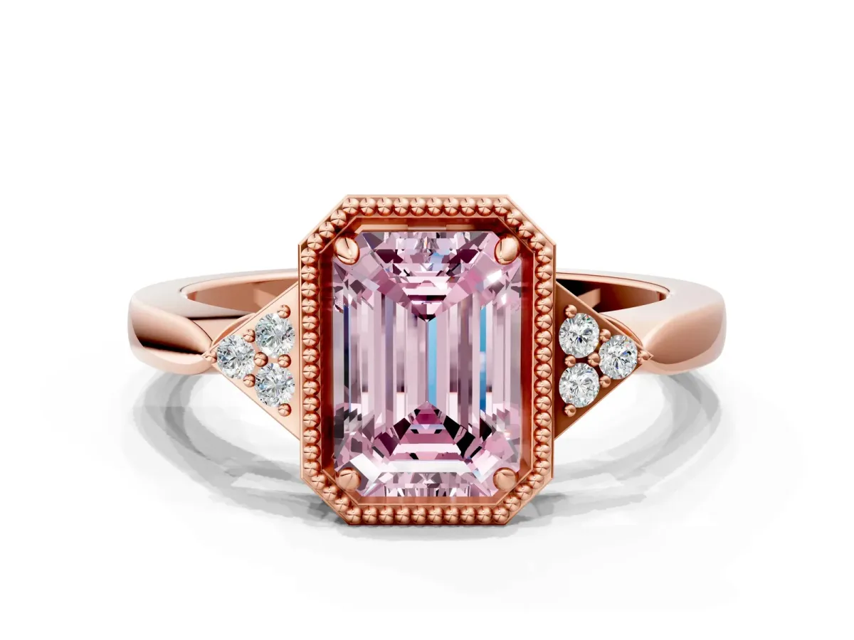 Fancy Pink Emerald Cut Diamond Halo Ring with Tapered Band and Four-Prong Setting Rose gold
