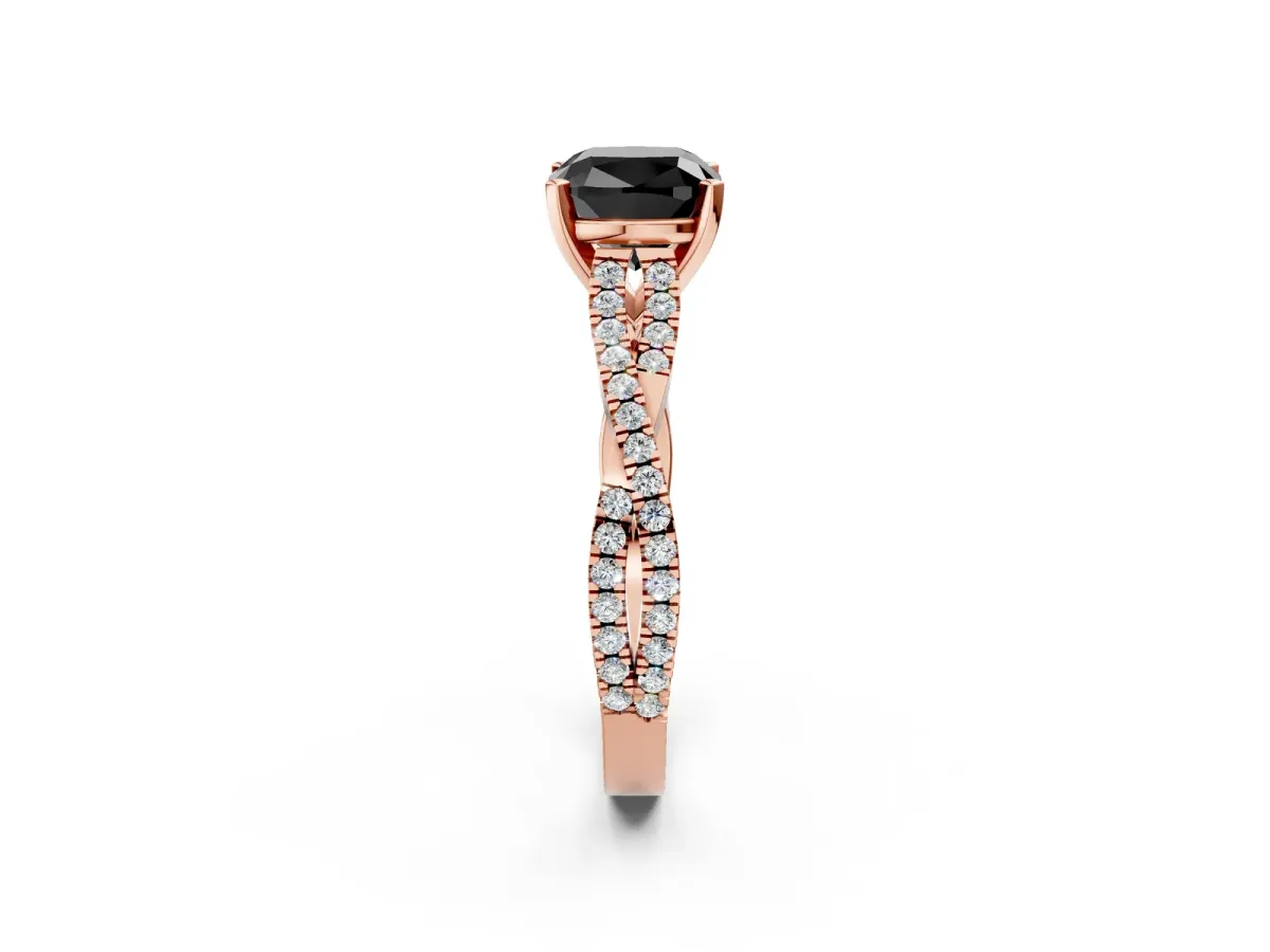 Fancy Black Cushion Cut Diamond Solitaire Engagement Ring with Twisted Pavé Band and Four-Prong Setting Rose gold