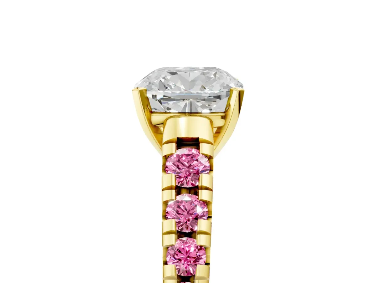 Cushion Cut Diamond Cathedral Solitaire Ring with Round Pink Sapphire Pavé Band Yellow gold