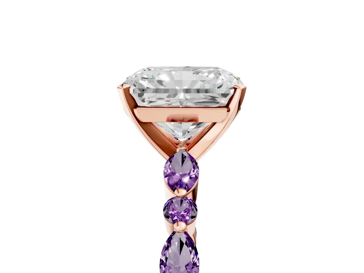 Radiant Cut Diamond Ring with Marquise and Round Amethyst Side Stones and Four-Prong Setting Rose gold