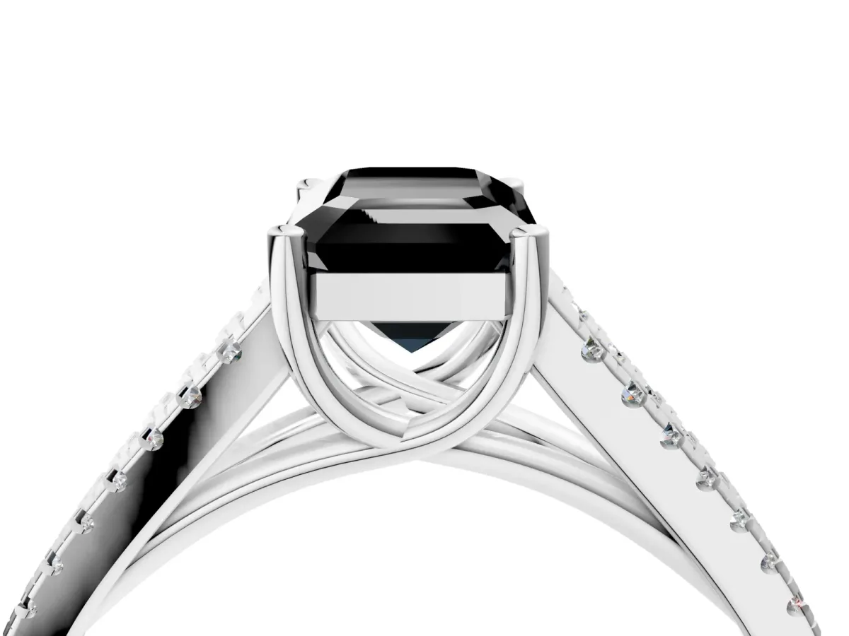 Fancy Black Emerald Cut Diamond Solitaire Engagement Ring with Split Shank Pavé Band Silver