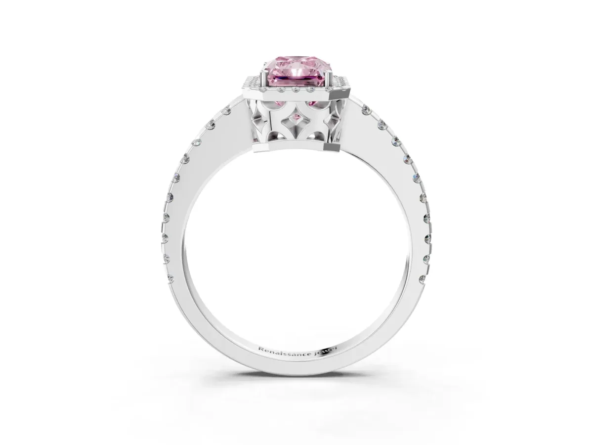 Fancy Pink Radiant Cut Diamond Halo Engagement Ring with Pavé Band and Prong Setting Platinum