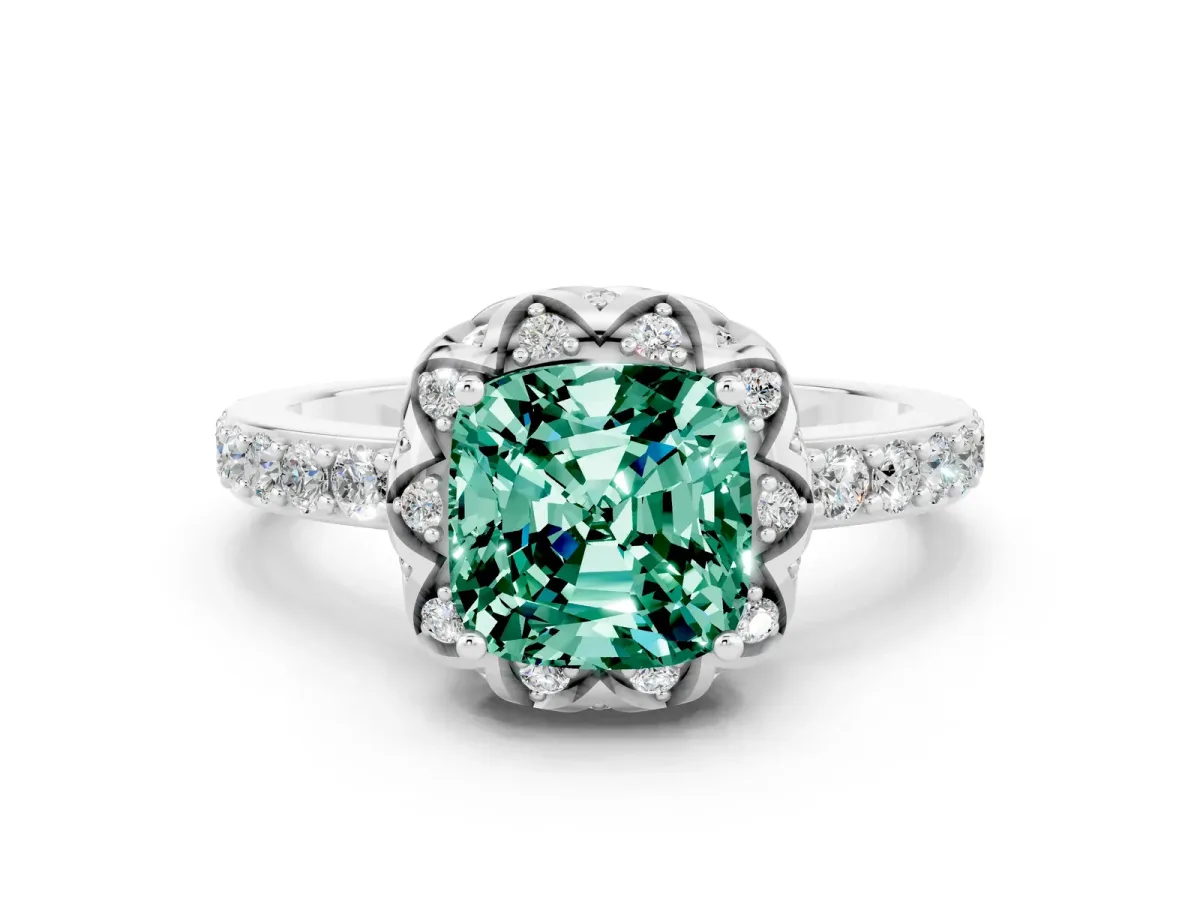 Cushion Cut Green Sapphire Scalloped Halo Engagement Ring with Round Shared Prong Band Silver