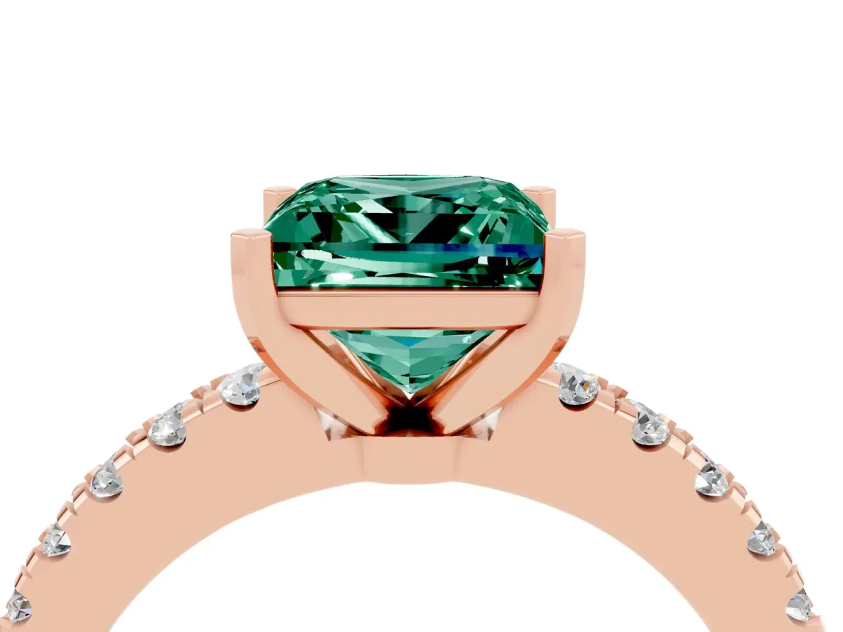 Princess Cut Solitaire Green Sapphire with Pavé Band and Four-Prong Setting Rose gold