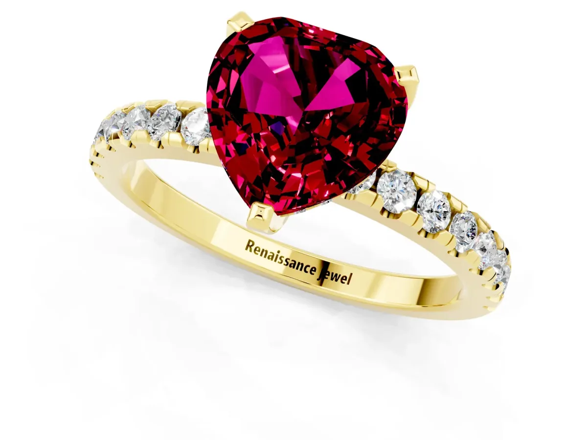 Heart Cut Garnet Solitaire Ring with Round Pavé Band and Four-Prong Setting Yellow gold