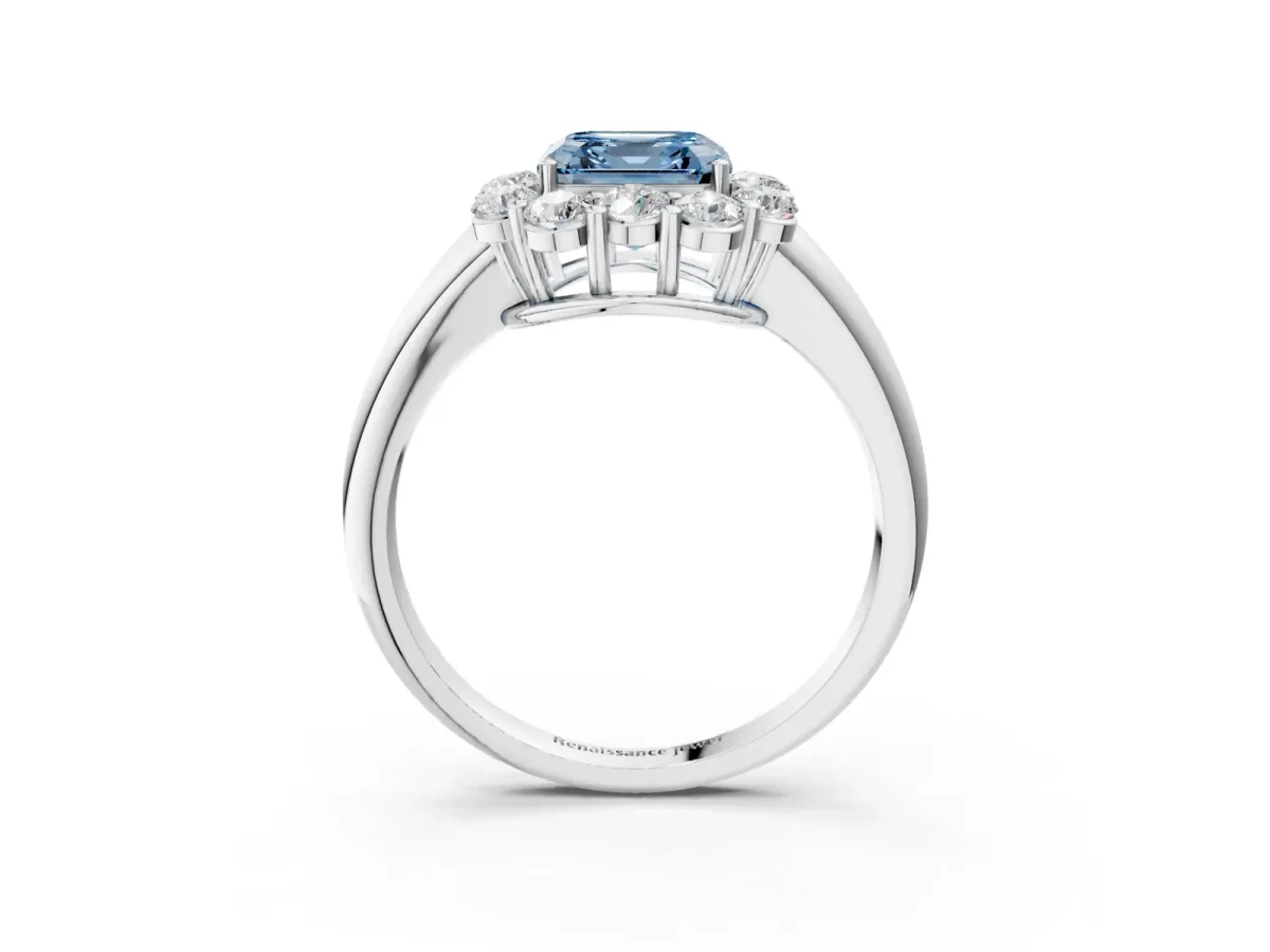 Fancy Blue Asscher Cut Halo Milgrain Solitaire with Bezel Set Side Stones and Pave Band Platinum