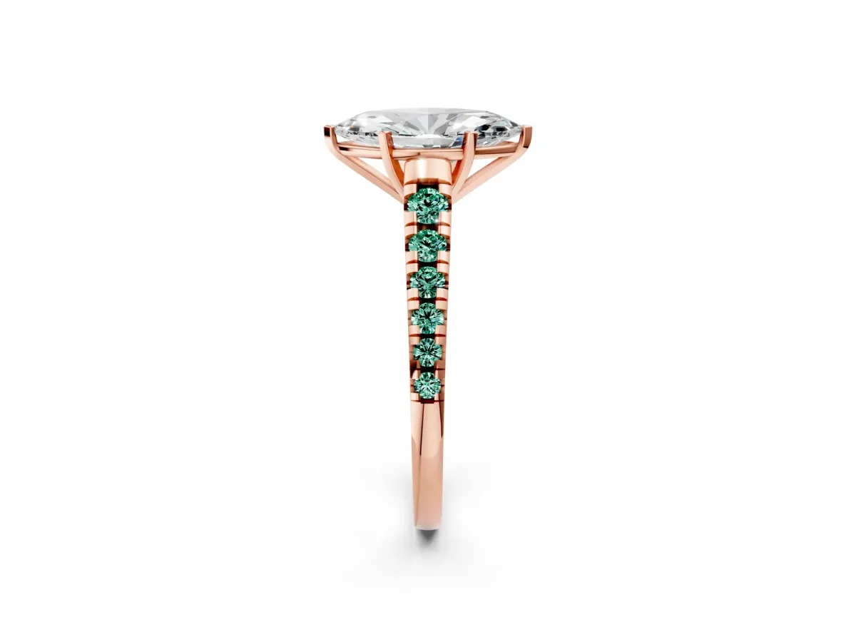 Marquise Cut Diamond Cathedral Solitaire Ring with Round Green Sapphire Pavé Band Rose gold