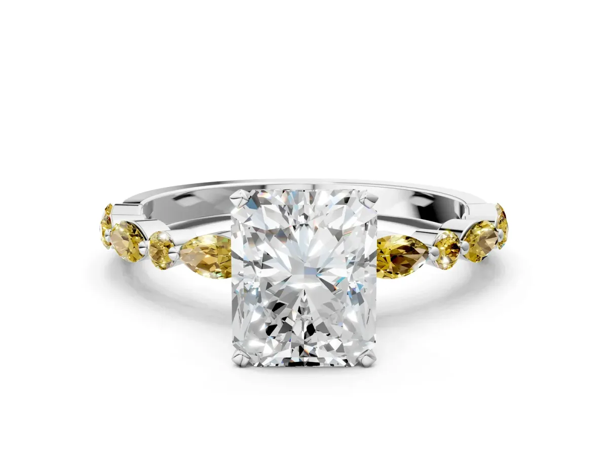 Radiant Cut Diamond Ring with Marquise and Round Yellow Sapphire Side Stones and Four-Prong Setting Silver