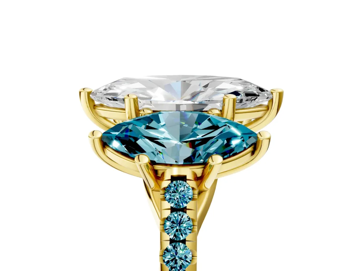 Three-Stone Marquise Cut Diamond Ring with Round Blue Topaz Pavé Band and Prong Setting Yellow gold