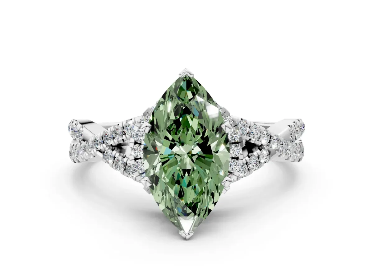 Fancy Green Heart Cut Diamond Halo Twist Band Solitaire Prong Setting Ring White gold