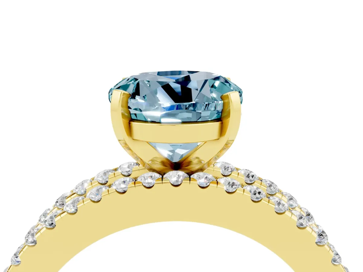 Round Cut Aquamarine Solitaire Ring with Pavé and Channel Set Band Yellow gold