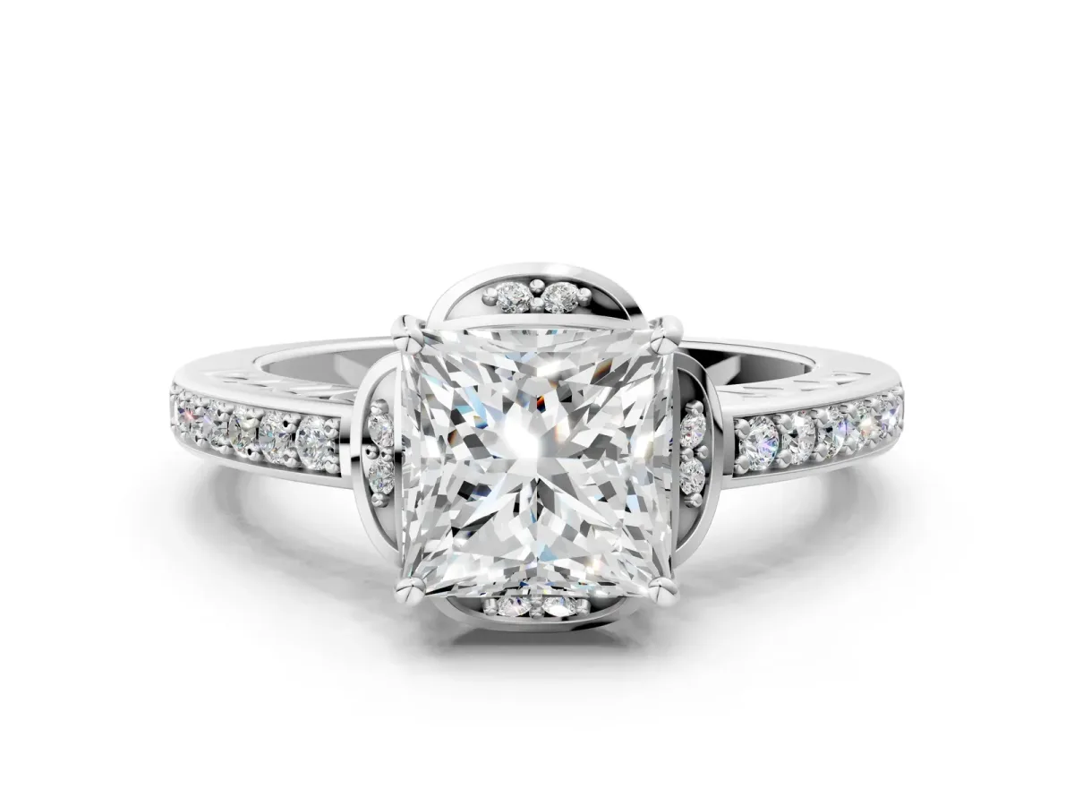 Princess Cut Cut Halo Diamond Ring with Channel Set Band and Four-Prong Setting White gold