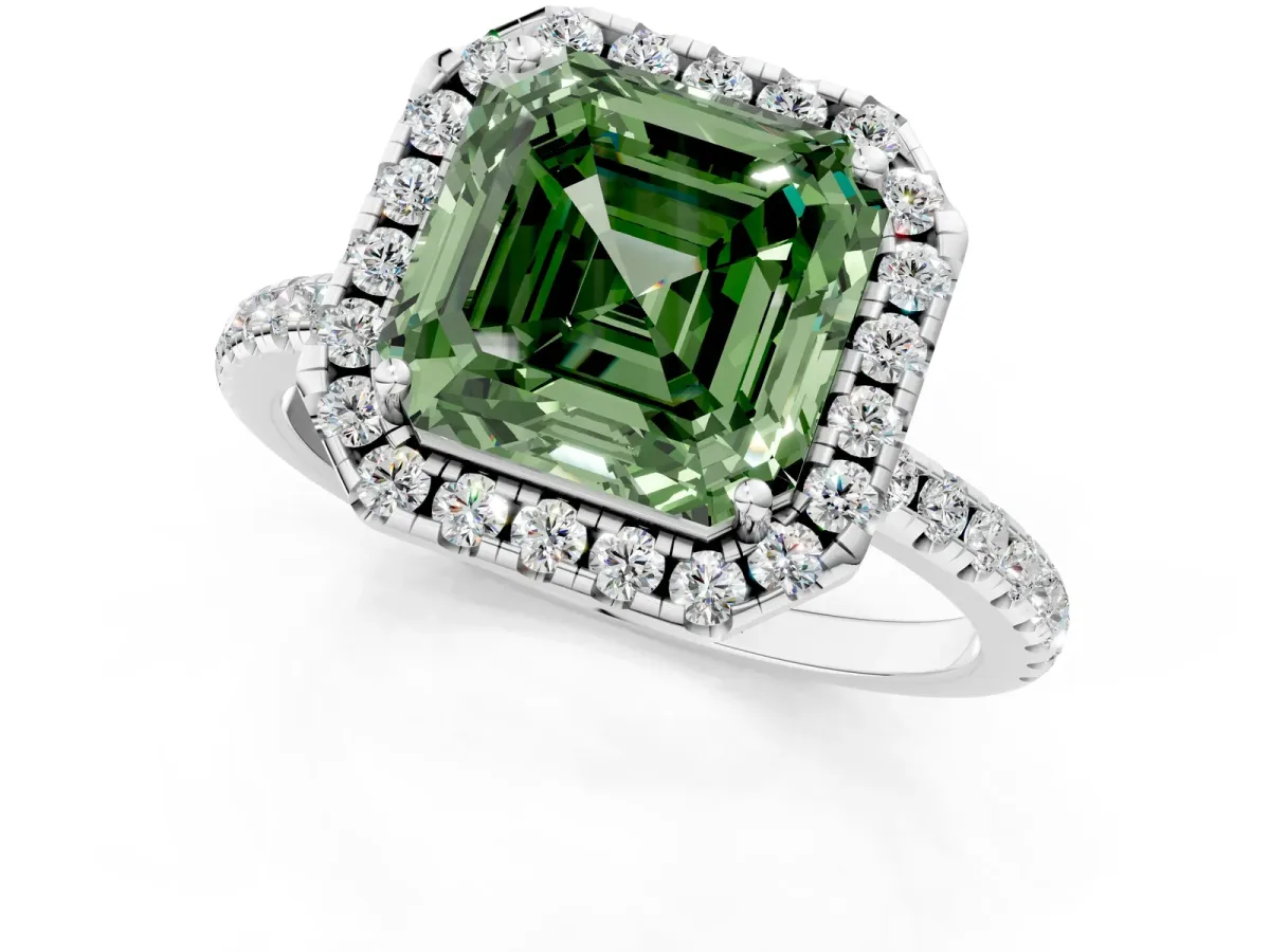 Fancy Green Asscher Cut Diamond Halo Engagement Ring with Round Pavé Band and Prong Setting Platinum