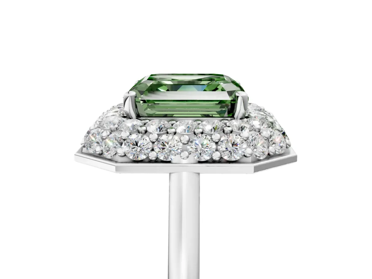 Fancy Green Asscher Cut Halo Diamond Engagement Ring with Solitaire Band and Four-Prong Setting Platinum
