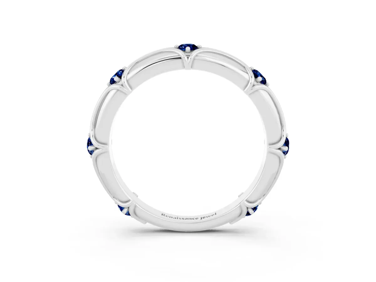 Round Blue Sapphire Prong Set Milgrain Eternity Band Platinum